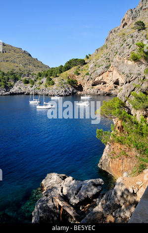 Le imbarcazioni turistiche all'ingresso del Torrent de Pareis Gorge, Sa Calobra, Maiorca, isole Baleari, Spagna, Europa Foto Stock