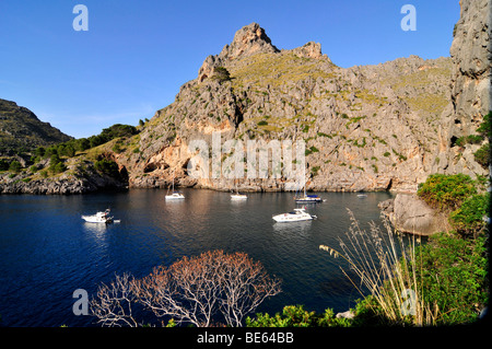 Le imbarcazioni turistiche all'ingresso del Torrent de Pareis Gorge, Sa Calobra, Maiorca, isole Baleari, Spagna, Europa Foto Stock