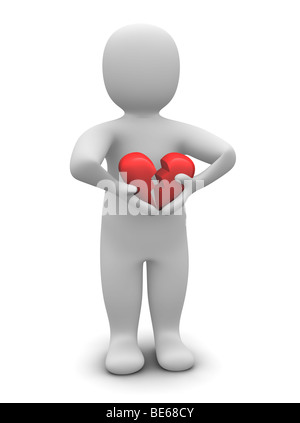 Uomo con cuore spezzato. 3d reso illustrazione isolato su bianco. Foto Stock