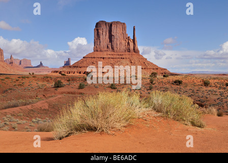 West Mitten Butte, multi-layered arenaria rossa, Monument Valley Navajo Nation Park, Arizona, Stati Uniti d'America Foto Stock