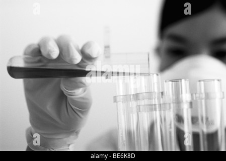 Tecnico di laboratorio il trasferimento di liquido al tubo di prova Foto Stock