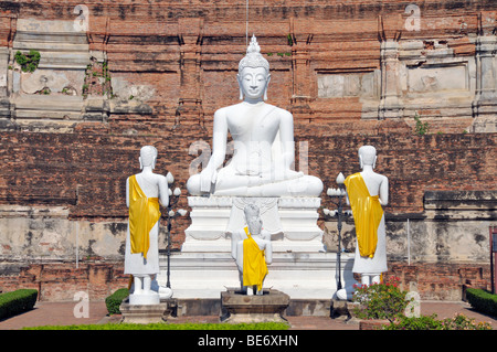 Statua del Buddha, grande Chedi Chaya Mongkol, Wat Yai Chai Mongkon, Ayutthaya, Thailandia, Asia Foto Stock