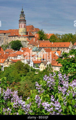 Vista del centro storico con la torre del castello di Cesky Krumlov, Cesky Krumau, Sito Patrimonio Mondiale dell'UNESCO, Bohemia Repubblica Ceca Foto Stock