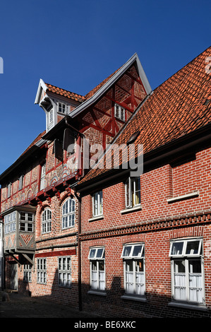 Ornamentali in casa in legno e muratura, 1595, nel centro storico, Lueneburg, Bassa Sassonia, Germania, Europa Foto Stock