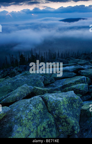 Umore nuvoloso sul picco di montagna Lusen, Parco Nazionale della Foresta Bavarese, Baviera, Germania, Europa Foto Stock