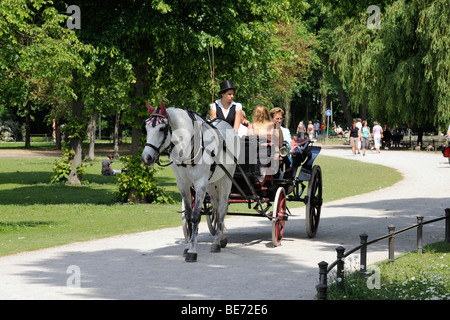 Fiaker, carrozza e cavalli nel Giardino Inglese a Monaco di Baviera, Baviera, Baviera, Germania, Europa Foto Stock