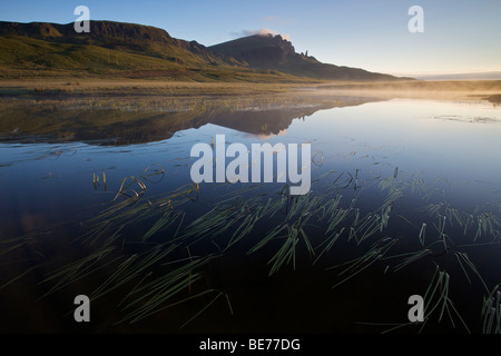 Acqua calma riflettendo il vecchio uomo di Storr rock formazione a distanza, Isola di Skye in Scozia Foto Stock