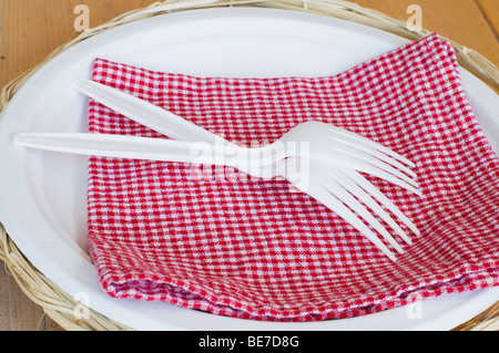 Vista dettagliata del bianco due forcelle in plastica, un rosso controllato igienico e un piatto di carta su una camicia di vimini. Foto Stock