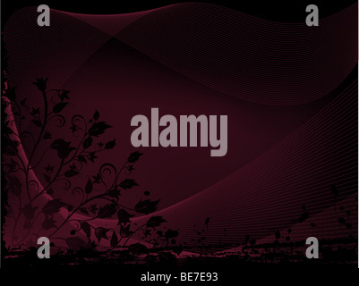 Ornate design floreale su un onda rossa lo sfondo con il confine grunge Foto Stock