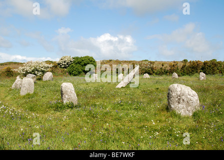 Boscawen ONU, un antico cerchio di pietra vicino a st.buryan in cornwall, Regno Unito Foto Stock