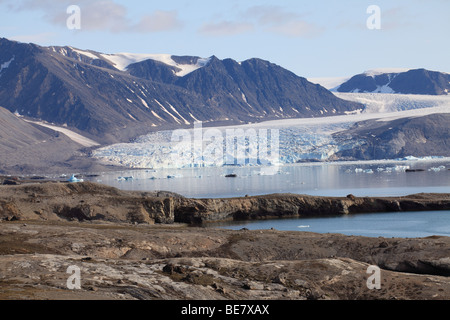 Fusione di ghiaccio del ghiacciaio galleggiante nel fiordo Kongs Svalbard Foto Stock