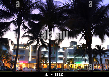 Le palme di fronte hotel illuminato di sera, Ocean Drive e South Beach, Miami Beach, Florida, Stati Uniti d'America Foto Stock