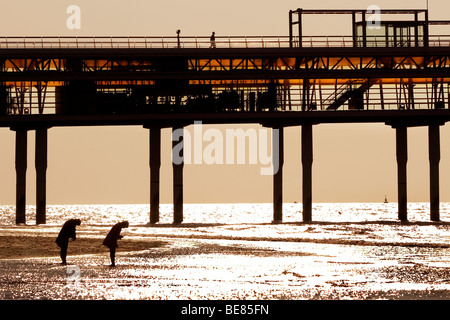 Twee mensen in caldi avondlicht op strand bij Scheveningse Pier; due persone in serata calda luce di fronte a Scheveningen Pier Foto Stock