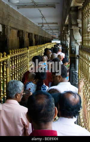 Pellegrini indù aspettare per ore in linea per vedere l'idolo presso Sri Venkateswara tempio di Tirupati India Foto Stock