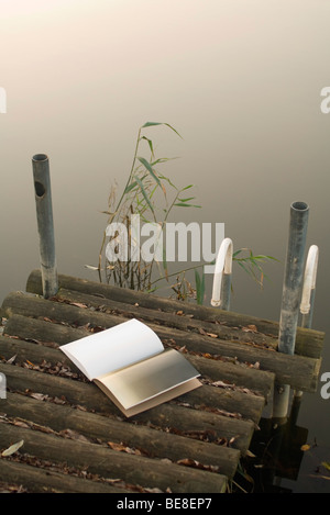 Libro aperto a sinistra sul lago di pier Foto Stock