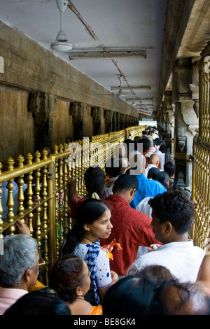 Pellegrini indù aspettare per ore in linea per vedere l'idolo presso Sri Venkateswara tempio di Tirupati India Foto Stock