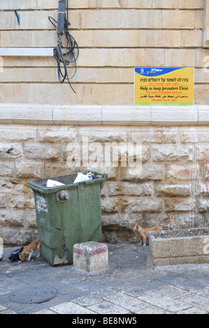 Israele, Gerusalemme, Garbage di accatastamento in strada durante uno sciopero comunali un segno a leggere 'contribuiscono a mantenere Gerusalemme pulito' Foto Stock