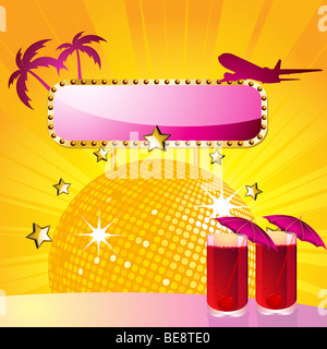 Partito Tropicale scena arancio favilla palla da discoteca, lucida segno e due cocktail pronto per bere su una barra Foto Stock