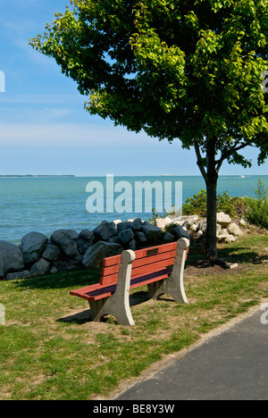 Una panchina nel parco sotto agli alberi di Lakeside, Ohio Foto Stock