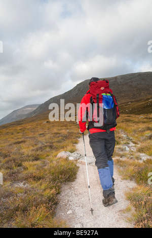 Il camminatore solitario in Glen Dee con Ben MacDui in background, Highlands scozzesi, Regno Unito Foto Stock