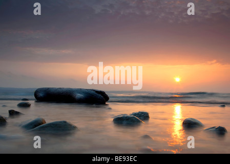 Alba sul lago di Costanza con un pezzo di flotsam fatta di legno, Costanza, Baden-Wuerttemberg, Germania, Europa Foto Stock