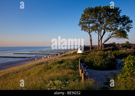 Vista sulla costa del Mar Baltico in Ahrenshoop, Germania, con una casa tradizionale e pennelli di sera Foto Stock