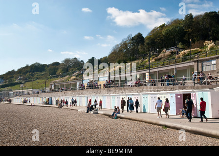 Cabine sulla spiaggia, sul lungomare di Lyme Regis Foto Stock