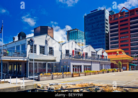 Ristoranti e bar lungo la Queens Wharf, Wellington waterfront, Wellington, Isola del nord, Nuova Zelanda. Foto Stock