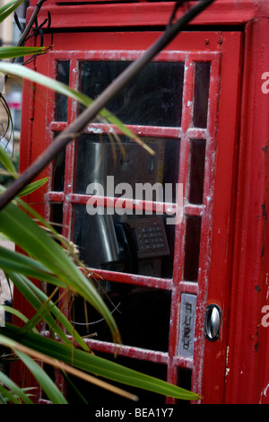 In vecchio stile British Telecom telefono rosso scatola in un cattivo stato di riparazione con grafitti e dintorni sovradimensionate, Brighton, Regno Unito. Foto Stock