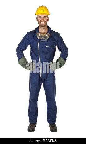 Sorridente caucasico giovane operaio industria pesante lavoratore manuale Foto Stock