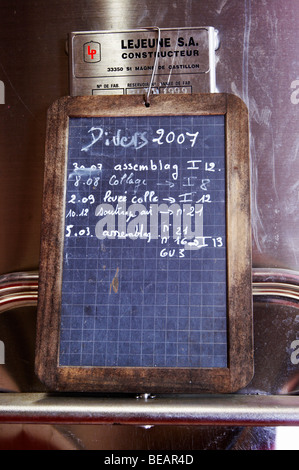 Chalk board su vasche di fermentazione con note di vinificazione chateau lestrille bordeaux francia Foto Stock