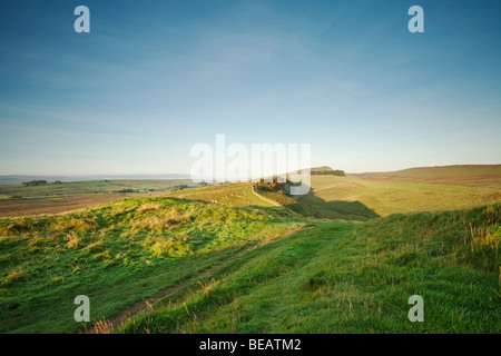 Alba su una sezione del Muro di Adriano nei pressi di Haltwhistle, Regno Unito Foto Stock