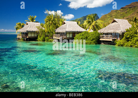 Over water bungalows con gradini in straordinari verde laguna Foto Stock