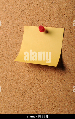 Sticky notepaper con perno sulla bacheca di sughero Foto Stock