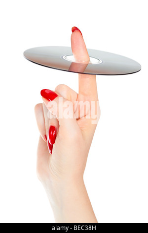 Donna mano con CD. Isolato su bianco. Foto Stock