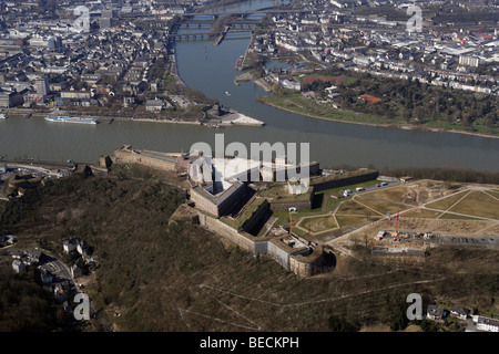 Foto aerea, Festung fortezza Ehrenbreitstein e sito di costruzione per la BUGA orticoltura federale show 2011, Coblenza, Rhinelan Foto Stock