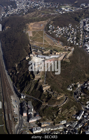 Foto aerea, Festung fortezza Ehrenbreitstein e sito di costruzione per la BUGA orticoltura federale show 2011, Coblenza, Rhinelan Foto Stock