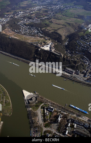 Foto aerea, Festung fortezza Ehrenbreitstein e sito di costruzione per la BUGA orticoltura federale show 2011 e il Deutsches Foto Stock