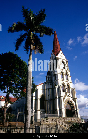 Chiesa bianca nel centro della città, la Iglesia La Merced, Palm tree contro il cielo blu, San Jose, Costa Rica, America Centrale Foto Stock