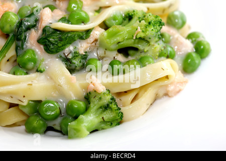 Stile italiano di salmone affumicato con le tagliatelle e una ricca salsa cremosa con n. di persone Foto Stock