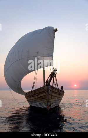 Dhow africana di barca a vela prima del tramonto, Pumulani Lodge, il Lago Malawi Malawi, Sud Africa orientale Foto Stock