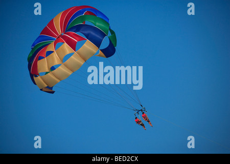 Basso angolo vista di due parapendii nel cielo, Miami Beach, Florida, Stati Uniti d'America Foto Stock
