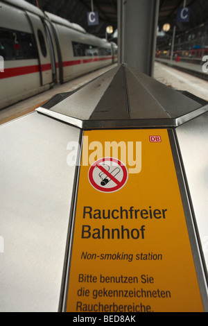 Segno, Rauchfreier Bahnhof, Tedesco per fumo stazione ferroviaria, a Francoforte la stazione ferroviaria centrale, Frankfurt/Main, Hesse, Ger Foto Stock