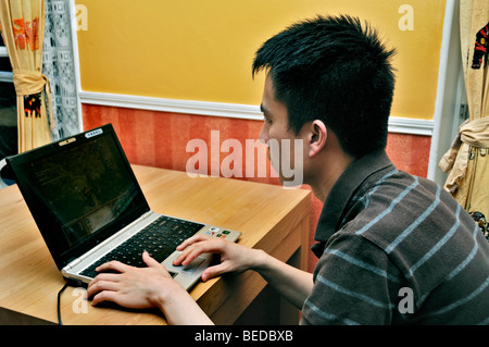 Giovane studente, uomo asiatico che guarda lo schermo del computer portatile, lavora da casa, da solo in salotto, Francia, studente cinese Foto Stock