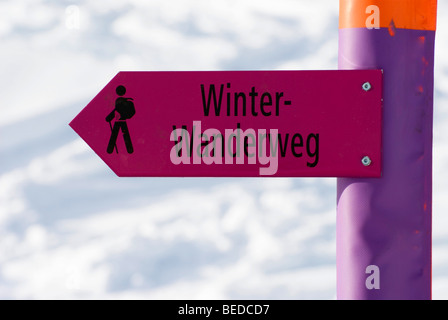 Cartello su un sentiero invernale, Graubuenden, Svizzera, Europa Foto Stock