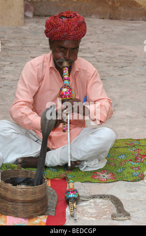 Il serpente incantatore con un cobra, Fort Ambra, Jaipur, India, Asia del Sud Foto Stock