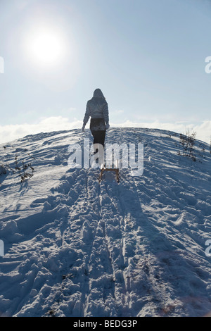 Giovane donna tirando una slitta nella neve Foto Stock
