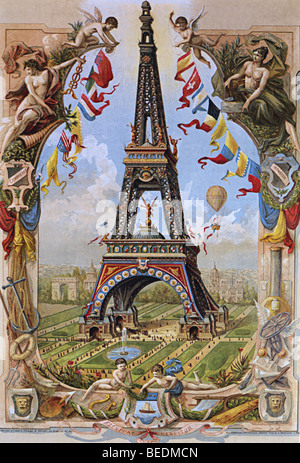 Torre Eiffel come mostrato in un 1886 illustrazione guardando in avanti per l'apertura per il 1889 Esposizione Universale Foto Stock