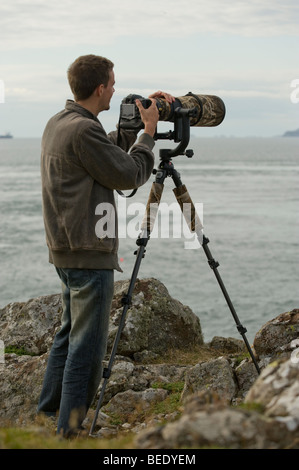 Natura fotografo Peter Moonlight usando un super teleobiettivo e una reflex digitale (DSLR) sulla costa gallese. Foto Stock