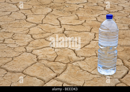 Una bottiglia di acqua sulle secche e screpolate Massa nel deserto. Profondità di campo Foto Stock